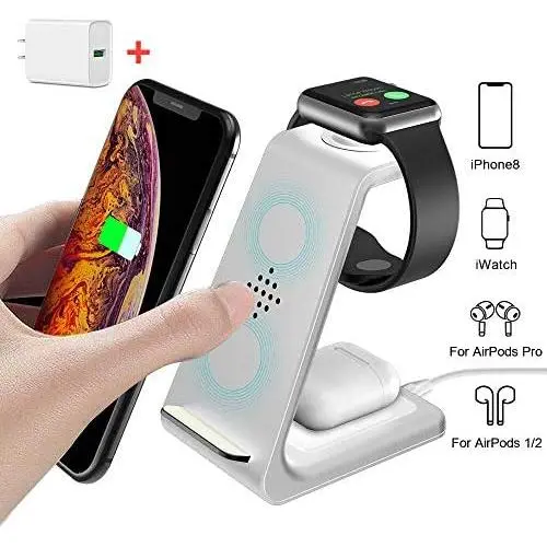 Wireless Charging Stand, GEEKERA 3 in 1 Wireless Charger Fast Charging Dock Station for Apple Watch 5 4 3 2 1, Airpods 2/Pro, iPhone 11/11 Pro/X/Xr/Xs/8 Plus,Qi-Certified Phones(with QC 3.0 Adapter) Wireless Charging Stand, GEEKERA 3 in 1 Wireless Charger Fast Charging Dock Station for Apple Watch 5 4 3 2 1, Airpods 2/Pro, iPhone 11/11 Pro/X/Xr/Xs/8 Plus,Qi-Certified Phones(with QC 3.0 Adapter)