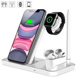 Wireless Charger, QI-EU 4 in 1 Qi-Certified Fast Charging Station Compatible Apple Watch Airpods Pro iPhone 11/11pro/X/XS/XR/Xs Max/8/8 Plus, Wireless Charging Stand Compatible Samsung Galaxy S20/S10