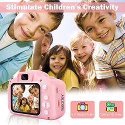 JERICETOY Kids Camera 1080P HD Digital Video Camera Best for Kids, Mini Children Camera Toys Funny Photo Frames Classic Puzzle Games，Safety Material Cartoon Camera Include 16G Memory Card(Pink)