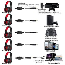 Gaming Headset for Xbox One, PS4,Nintendo Switch Bass Surround and Noise Cancelling with Flexible Mic, 3.5mm Wired Adjustable Over-Ear Headphones for Laptop PC iPad Smartphones (Red-Black)