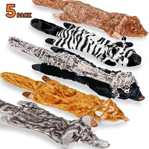 PRAJNAY Dog Squeaky Toys No Stuffing, 5 Pack Crinkle Pet Chew Toys Funny Animal Interactive Plush Puppy Toys Set for Small Medium Large Dogs