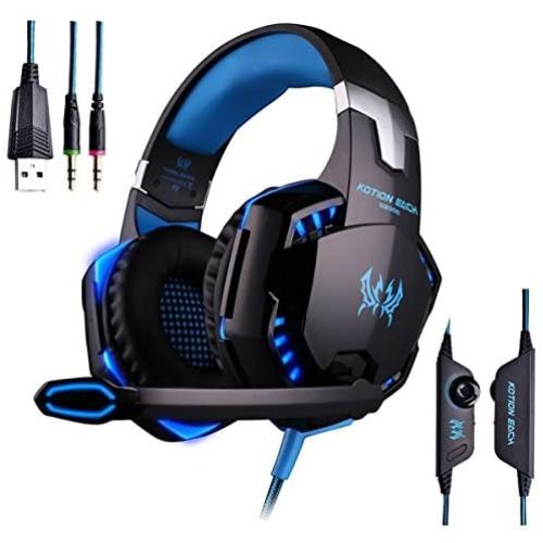 AWON Gaming Headset with Mic for PC,PS4,Xbox One,Over-Ear Headphones with Volume Control LED Light Cool Style Stereo,Noise Reduction for Laptops,Smartphone,Computer (Blue)