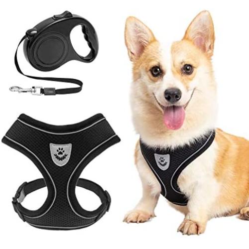 SCENEREAL Dog Harness with Retractable Leash Set - Soft Mesh Puppy Harness and Leash, No Pull Padded Vest with 16.4 FT Leash for Small Medium Breeds Dogs & Cats, Black