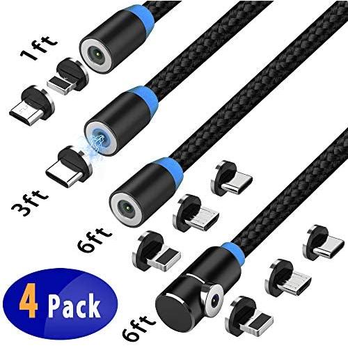 Magnetic Charging Cable [4-Pack,1ft/3ft/6ft/6ft], Terasako 3-in-1 Nylon Braided Cord, Compatible with Mirco USB, Type C Smartphone and iProduct Device