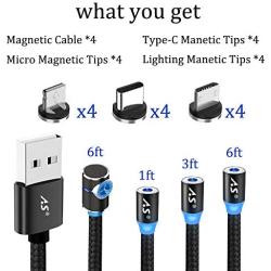 Magnetic Charging Cable, A.S 3 in 1 Magnetic Phone Charger Cable, Compatible with Mirco USB, Type C Smartphone and iProduct Device (4 Pack,1ft/3ft/6ft/6ft)