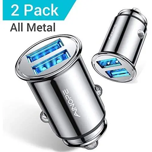 [2-Pack] AINOPE Car Charger, 4.8A All Metal Car Charger Adapter Dual USB Cigarette Lighter USB Charger Mini Flush Fit Compatible with iPhone 11/XR/x/8/7, iPad Air 2/Mini 3, Note 9/Galaxy S10/S9-Silver