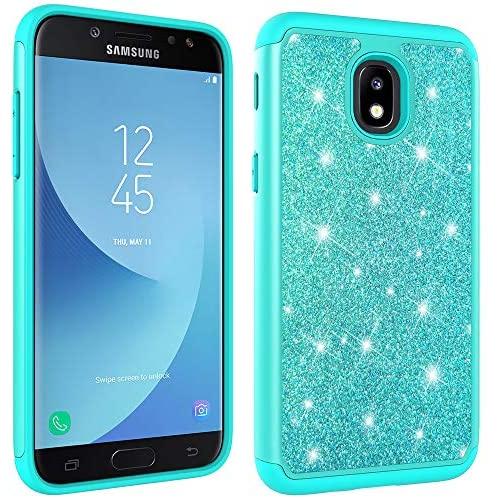 Galaxy J3 Achieve Case,Galaxy J3 2018/J3 Star/Express Prime3/Amp Prime3 Glitter Case,Luxury Glitter Sparkle Bling Case,Hybrid PC Silicone Faux Leather Cover,Dual Layer Armor Phone Case Mint