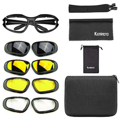 kemimoto Polarized Motorcycle Glasses, Riding Goggles with 4 Lens Kits for Outdoor Driving Skiing, Black