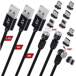 A.S 3 in 1 Magnetic Phone Charger Cable, 360° & 180° Rotation Magnetic Charging Cable, Compatible with Micro USB, Type C and iProduct (Black, 1.5ft+3ft+6ft)