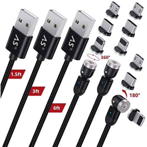 A.S 3 in 1 Magnetic Phone Charger Cable, 360° & 180° Rotation Magnetic Charging Cable, Compatible with Micro USB, Type C and iProduct (Black, 1.5ft+3ft+6ft)