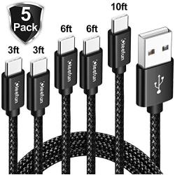 USB C Cable Durable Nylon Braided [5-Pack, 3/3/6/6/10 ft], CLEEFUN Fast Charge Type C Charger Charging Cord for Samsung Galaxy S8/S8 Plus, S9/S9 Plus, S10/S10 Plus, S10E, Note 10 10+ 5G/Note 9/Note 8