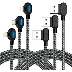 iPhone Charger - Right Angle Charging Cable with LED Light 3M/10FT Nylon Braided Fast Sync Charger USB Cable Compatible with iPhone Xs/XS Max/XR/X / 8/8 Plus / 7/7 Plus, and More (Black Gray, 10FT)