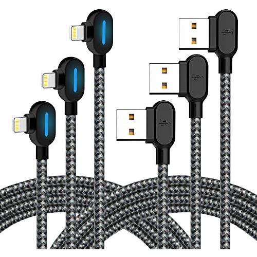 iPhone Charger - Right Angle Charging Cable with LED Light 3M/10FT Nylon Braided Fast Sync Charger USB Cable Compatible with iPhone Xs/XS Max/XR/X / 8/8 Plus / 7/7 Plus, and More (Black Gray, 10FT)
