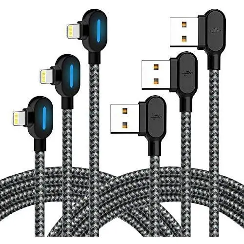 iPhone Charger - Right Angle Charging Cable with LED Light 3M/10FT Nylon Braided Fast Sync Charger USB Cable Compatible with iPhone Xs/XS Max/XR/X / 8/8 Plus / 7/7 Plus, and More (Black Gray, 10FT) iPhone Charger - Right Angle Charging Cable with LED Light 3M/10FT Nylon Braided Fast Sync Charger USB Cable Compatible with iPhone Xs/XS Max/XR/X / 8/8 Plus / 7/7 Plus, and More (Black Gray, 10FT)