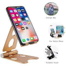 Adjustable Tablet Stand, Foldable Cell Phone Stand Holder Dock, Aluminum Universal Desk Stand Fit for iPhone,iPad,Tablet Display, Desktop Holder for Kindle Fire,Nitendo Switch,All Mobile Phone, Gold