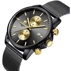 GOLDEN HOUR Mens Watches Fashion Sport Quartz Analog Black Mesh Stainless Steel Waterproof Chronograph Wrist Watch, Auto Date in Blue/Red/Gold Hands