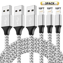 iPhone Charger, MFi Certified Lightning Cable 3Pack 10FT Extra Long Nylon Braided USB Charging & Syncing Cord Compatible iPhone Xs/Max/XR/X/8/8Plus/7/7Plus/6S/6S Plus/5S/SE/iPad