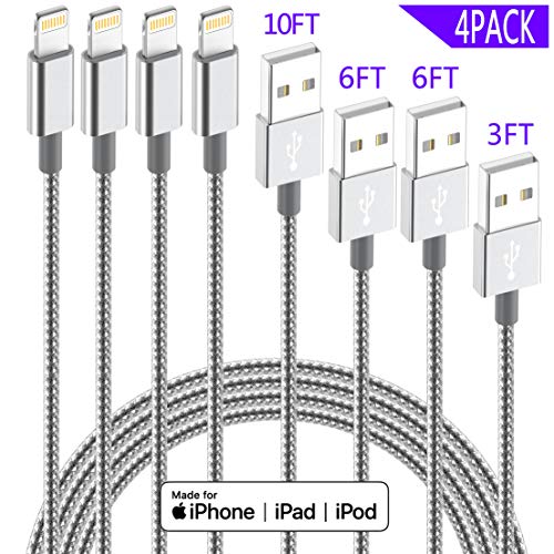 iPhone Lightning Cable Apple MFi Certified IDiSON 4Pack(10ft 6ft 6ft 3ft) Braided Nylon Fast Charger Cable Compatible iPhone 11 Pro Max XS XR 8 Plus 7 Plus 6s 5s 5c Air iPad Mini iPod (Gray White)