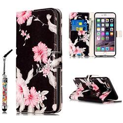 JanCalm for iPhone 6S Wallet Case,iPhone 6S Case,6S Case,iPhone 6 Case,Pattern Premium PU Leather (Card/Cash Slots) Stand Flip Cover for iPhone 6/6S (4.7 inch) + Crystal Pen (Black/Flower)