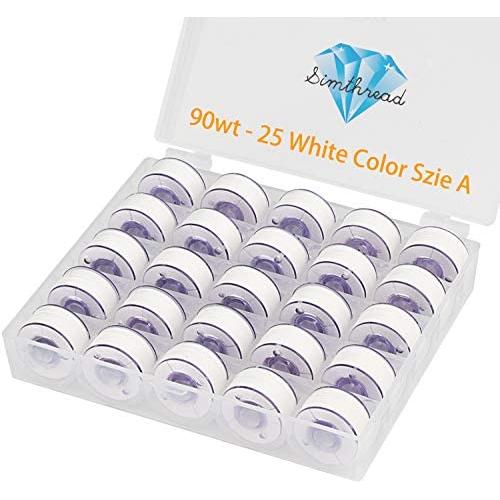 Simthread 25pcs 90WT White Prewound Bobbin Thread Size A Class 15 (SA156) with Clear Storage Plastic Case Box 60S/2 for Brother Embroidery Thread Sewing Thread Machine DIY