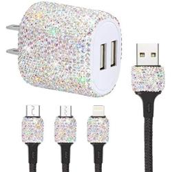 SAVORI Dual USB Wall Charger, Bling Rhinestones Wall Charger Plug Power Adapter with USB 3-in-1 Multi Charging Cable Compatible with iPhone iPad Android Type C Phones (AB Color)