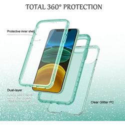 LONTECT for iPhone 11 Case Built-in Screen Protector Glitter Clear Sparkly Bling Rugged Shockproof Hybrid Full Body Protective Case Cover for Apple iPhone 11 6.1 2019, Green Clear/Silver Glitter