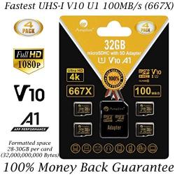 4 Pack 32GB Micro SD SDHC Memory Card Plus Adapter (Class 10 U1 UHS-I V10 A1 MicroSDHC Pro) Amplim 4X 32 GB Ultra High Speed 100MB/s 667X Flash for Cell Phone Tablet GoPro Camera Fire Nintendo DJI