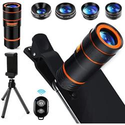 Cell Phone Camera Lens Kit,6 in 1 Universal +0.62x Wide Angle &25x Macro +235°Fisheye +Phone Holder -Shutter Remote+Tripod for iPhone X/8/7/6/6s plus Samsung Android & phone