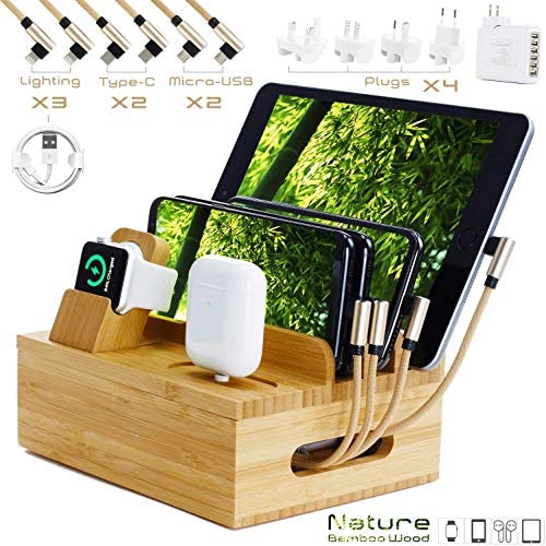 PORSTA Bamboo Chargeing Station with 4/5/6 Ports, Wood Desktop Charger Dock for Multiple Devices, USB Quick Charge for Apple Watch, AirPods, iPhone, iPad, Android Smartphones, Tablets.