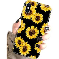 J.west iPhone Xs Case Vintage Flower Floral, Cute Yellow Sunflowers Black Soft Cover for Girls/Women Sturdy Flexible Slim fit Fashion Design Pattern Drop Protective Case for iPhone X/XS