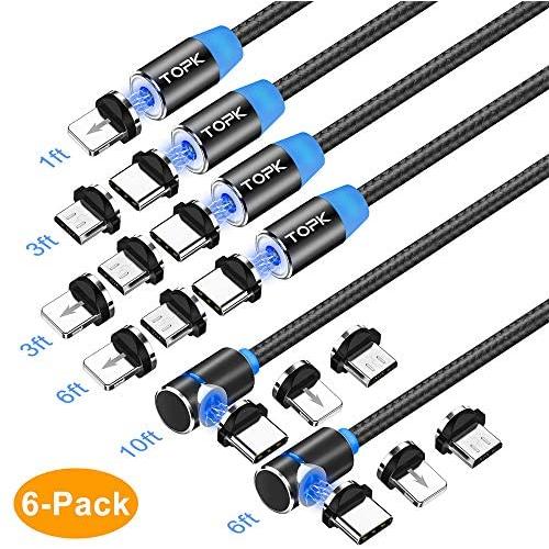 TOPK Magnetic Charging Cable,(6-Pack,1ft/3ft/3ft/6ft/6ft/10ft) Magnetic Phone Charger,3-in-1 USB Magnetic Cable Compatible with Micro USB,Type C and iProducts(Black)