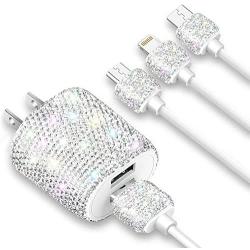 Bling USB Wall Charger with Charging Cable,Fast Block for iPhone Android,3-in-1 Multi Charger Cable Micro USB Type C Multiple USB Cord with Crystal Decoration,Cell Phone Accessories for Women,Girls