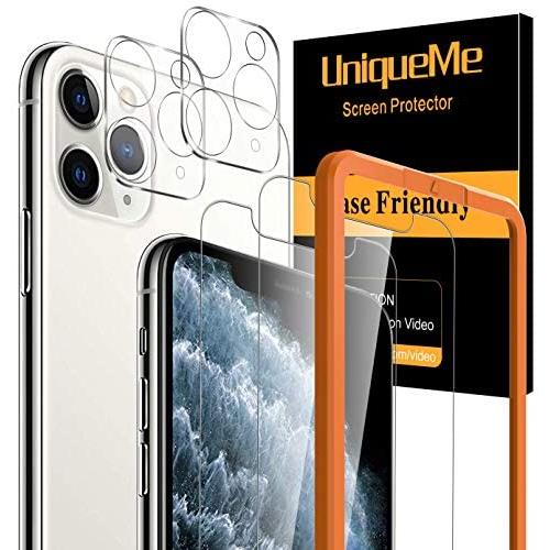 UniqueMe 2 Pack Screen Protector +2 Pack Camera Lens Protector for iPhone 11 Pro Max(6.5 inch) [Easy Install Frame] Tempered Glass, Case-Friendly No-Bubble High Definition-Clear