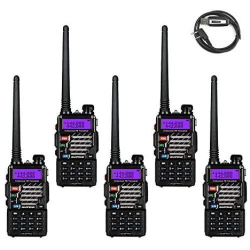 5 Pack BaoFeng UV-5R+ Plus UHF VHF Dual-Band Two Way Radio Black + 1 Baofeng Programming Cable (Support Win7, Win10)