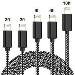 DNLM iPhone Charger, MFi Certified Charging Cable, USB Nylon Braided Syncing 5Pack 3FT 3FT 6FT 6FT 10FT Lightning Cable Compatible iPhone 11 Pro Max SE 8 8 Plus 7 7 Plus 6s 6s Plus (Black&White)