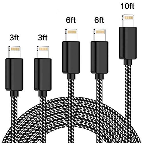 DNLM iPhone Charger, MFi Certified Charging Cable, USB Nylon Braided Syncing 5Pack 3FT 3FT 6FT 6FT 10FT Lightning Cable Compatible iPhone 11 Pro Max SE 8 8 Plus 7 7 Plus 6s 6s Plus (Black&White)