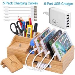 Bamboo Charging Station for Multiple Devices with 5 Port USB Charger, 5 Charger Cables and Apple Watch Stand. Wood Desktop Dock Stations Electronic Organizer for Cell Phone, Tablet, Watch, Office