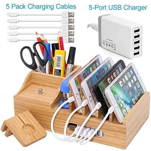 Bamboo Charging Station for Multiple Devices with 5 Port USB Charger, 5 Charger Cables and Apple Watch Stand. Wood Desktop Dock Stations Electronic Organizer for Cell Phone, Tablet, Watch, Office Bamboo Charging Station for Multiple Devices with 5 Port USB Charger, 5 Charger Cables and Apple Watch Stand. Wood Desktop Dock Stations Electronic Organizer for Cell Phone, Tablet, Watch, Office
