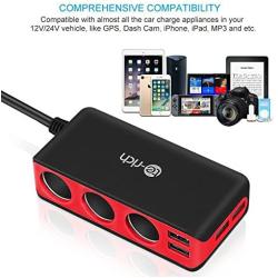 Te-Rich 3-Socket Cigarette Lighter Power Adapter DC Outlet Splitter 6.8A 4 Port USB Car Charger for Cell Phones, Dash Cam, GPS and More (Red)