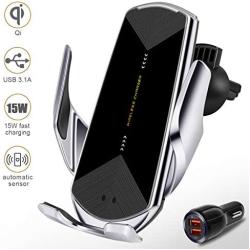 Wireless Car Charger 15W Fast Charging Touch Sensing Auto-Clamping Car Wireless Charger Air Vent Clip Car Phone Mount for iPhone SE/11/11 Pro Series/X/XR/8, Samsung Galaxy S20 S10 Note10/9 (Q1-Silver)