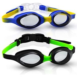 Uniswim Swimming Goggles for Kids(Age 3-12) Youth Goggles for Swimming 2 Pack, Children Swim Glasses with Nose Clip Earplugs Nose Bridge, Shatterproof Anti-Fog 100% UV Protection Lens Clear Wide View