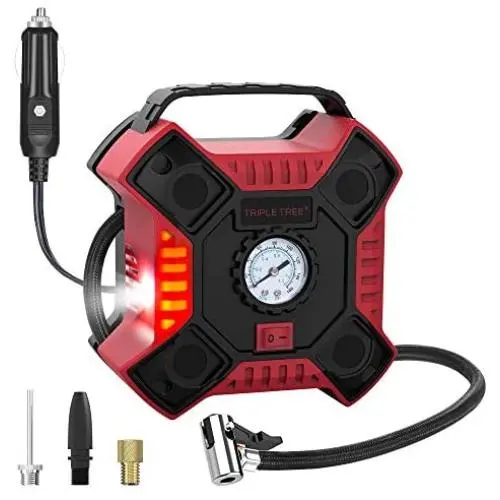 INCLAKE 12V DC Tire Inflator, Portable Air Compressor Pump with Analog Pressure Gauge and LED Light for Car, Bicycle, Motorcycle, Basketball, and Other Inflatables, Red