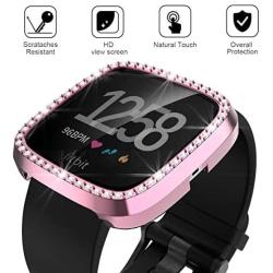 Landhoo Pink Hard Case Compatible with Fitbit Versa 2 Screen Protector Bling, PC case That Have Clarity PMMA Screen Protector and Shiny Diamond Bumper Overall Protective Cover for Women Watch.