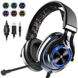 EKSA USB Gaming Headset PS4 Xbox One Headset with Noise Cancelling Mic & RGB Light - Gaming Headphones for PC, Laptop, Xbox One Controller (Adapter Not Included), Playstation 4, Electroplated (Blue)