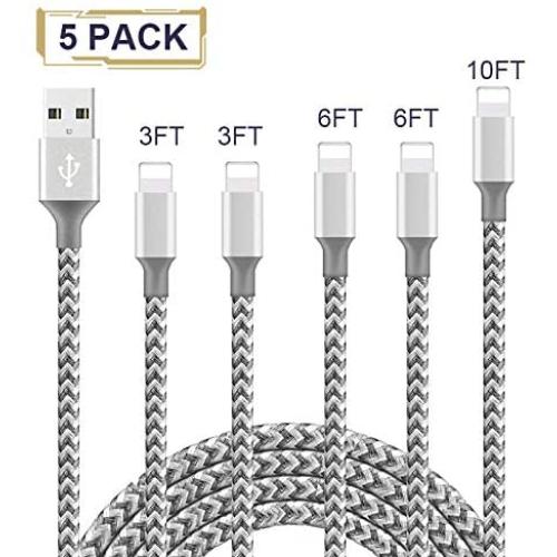 WILLTOP iPhone Charger Cord Cable,MFi Certified Lightning Cable 5 Pack (3/3/6/6/10FT) Nylon Braid, iPhone 11 / Pro/Xs Max/X/8/7/ Plus /6S with Compatible Metal connectors/ 6 / SE / 5S iPad