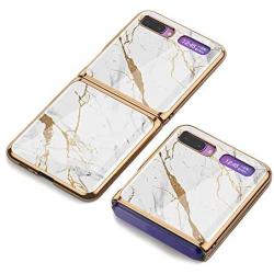 Phone Case Ultra-Thin Back Cover Tempered Glass Shell Electroplated PC Protector Fit for Samsung Galaxy Z Flip Phone Accessories (Gold Thread White)