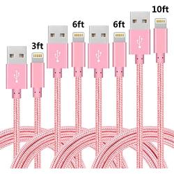 Phone Cable 4pcs 3FT 6FT 6FT 10FT Nylon Braided Cord Charger Compatible with PhoneX/Phone8/8Plus/7/7Plus/6/6s/6Plus and More (Rose)