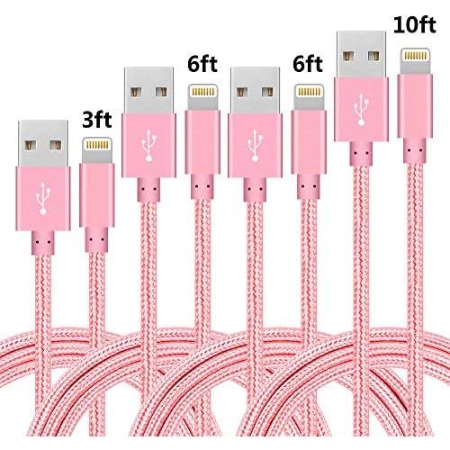 Phone Cable 4pcs 3FT 6FT 6FT 10FT Nylon Braided Cord Charger Compatible with PhoneX/Phone8/8Plus/7/7Plus/6/6s/6Plus and More (Rose)