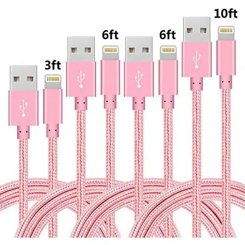 Phone Cable 4pcs 3FT 6FT 6FT 10FT Nylon Braided Cord Charger Compatible with PhoneX/Phone8/8Plus/7/7Plus/6/6s/6Plus and More (Rose) Phone Cable 4pcs 3FT 6FT 6FT 10FT Nylon Braided Cord Charger Compatible with PhoneX/Phone8/8Plus/7/7Plus/6/6s/6Plus and More (Rose)