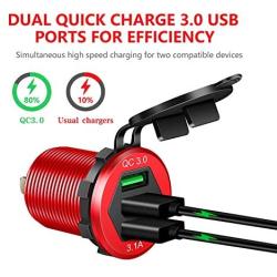 Quick Charge 3.0 Car Charger, 12V/24V 35W QC3.0/2.0 USB Charger Socket, 3 USB Charger Socket Power Outlet Fast Charge with Wire Fuse Aluminum Car Boat Marine ATV Bus Truck Golf Cart and More(Red